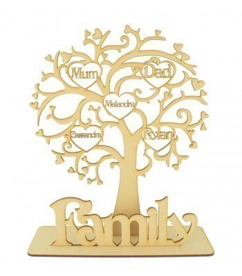 Laser Cut Personalised Family Tree with Heart Frames with Names inside Tree on a Stand with the word Family